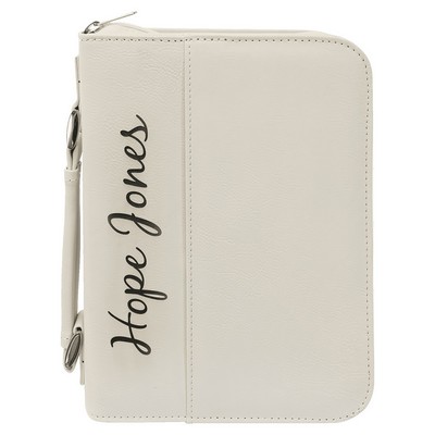 Book Cover with Handle & Zipper, White Faux Leather, 6 3/4" x 9 1/4"