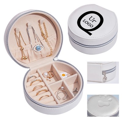 Pu Leather Small Round Jewelry Case W/Multi-Compartment
