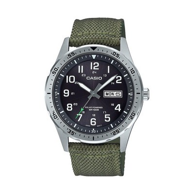 Casio Mens Classic Diver Inspired Analog Green Solar Nylon Watch Black Dial