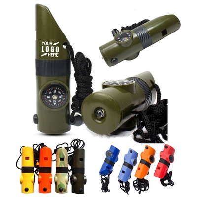 7" 1 Emergency Whistle Compass/Thermometer/LED Torch/Magnifier/Mirror w/ Lanyard Safety Kit