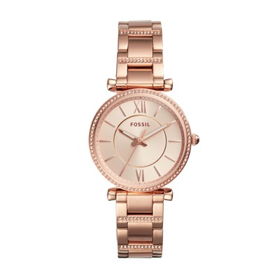 Fossil Ladies Carlie Rose Gold-Tone Crystal Bracelet Watch Rose Gold Dial