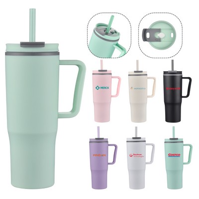 30oz Double wall plastic travel mug with handle and straw