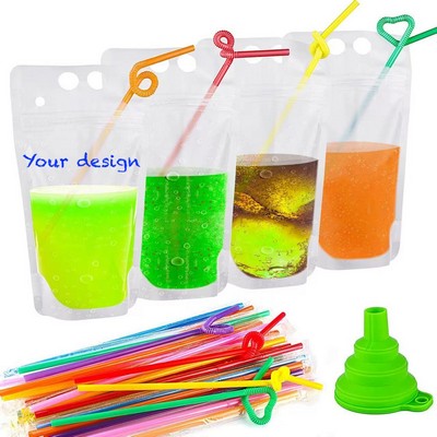 Drink Pouches with Straws Set, Heavy Duty Hand Held Translucent Reclosable Plastic Smoothie B
