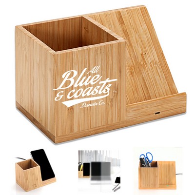 Compact Bamboo Wireless Charger Desk Stand Organizer