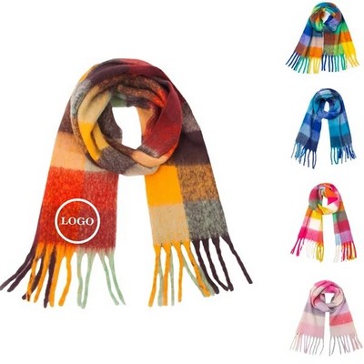 Embroidered Colorful Wool Blend Plaid Scarf