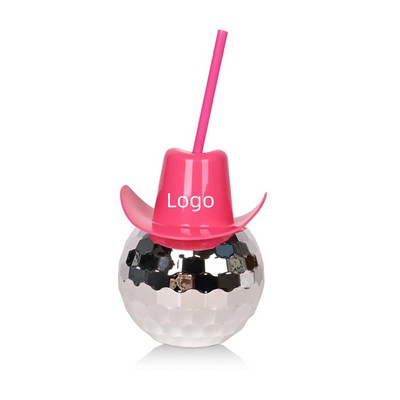 Disco Ball Cup With Cowboy Hat Lid And Straw