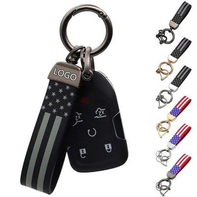 American Flag Leather Car Keychain Metal Ring