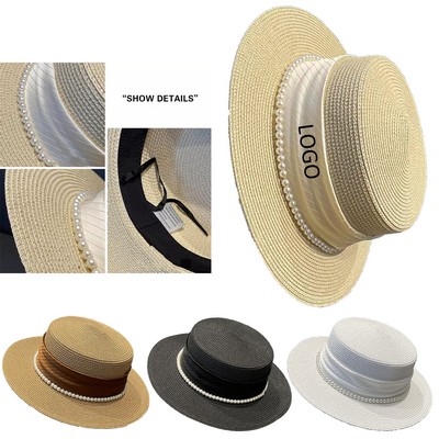 French Retro Straw Hat Pearl Ribbon