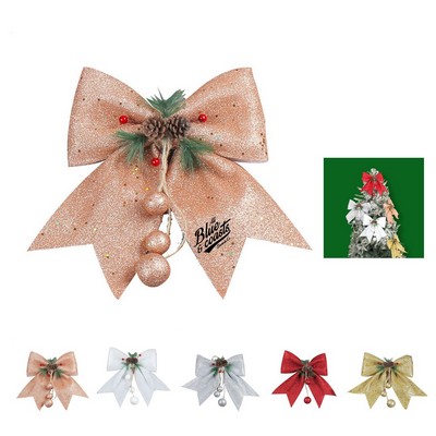Festive Christmas Glitter Bow with Pine Cones and Balls