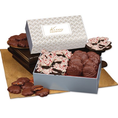 Peppermint Bark & Pecan Clusters in Gift Box with Silver & Gold Geometric Sleeve