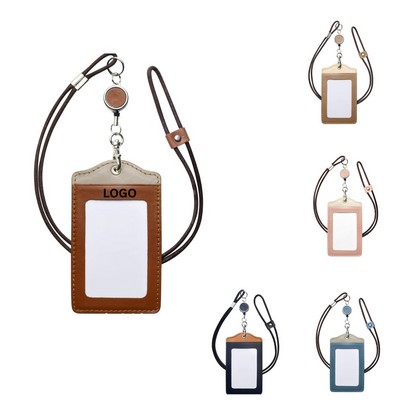 Genuine Leather Vertical Badge Holder With Retractable Reel