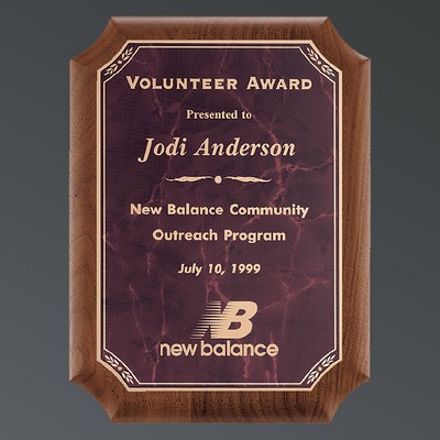 Genuine American Walnut Notched Plaque, Ruby Red Marble Plate w/Florentine, Medium (8"x10-1/2")