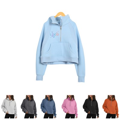 Cropped Fleece Pullover with Half Zip Design