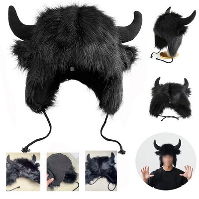 Halloween Ox Horn Plush Hat Cosplay Winter Windproof Ear Protection Warm Faux Fur Bull Horn Hats