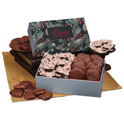 Peppermint Bark & Pecan Clusters in Gift Box with Pine Boughs & Berries Sleeve