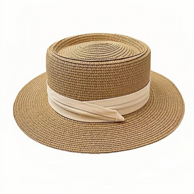2025 French Style Wide Brim Flat Top Straw Sun Hat