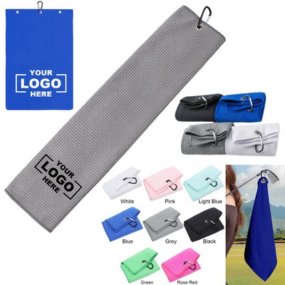 Quick-Dry Tri-Fold Microfiber Waffle Weave Golf Towel W/ Carabiner
