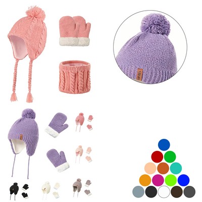Children' S 3Pcs Fleece Hat Scarf Gloves Set