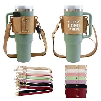 PU Leather 40oz Tumbler Carrier with Adjustable Shoulder Strap