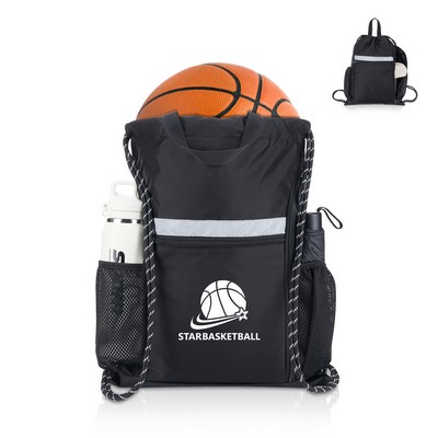 Reflective Drawstring Sports Backpack With Shoe Compartment