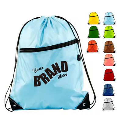 Polyester Drawstring Bags w/Zippered Pocket