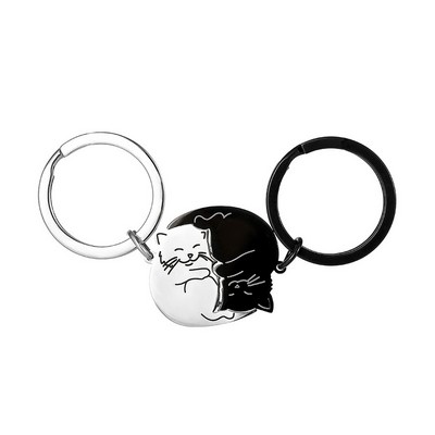 Black & White Cartoon Cat Stainless Steel Keychain Kitten Key Ring Matching Couple's Keychain