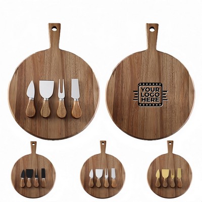 Acacia Wood Round Cheese Board Set with Knives