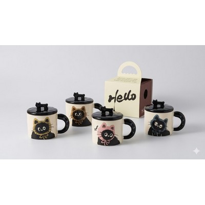 Adorable "Hatted Cat" Ceramic Mug with Lid 3D Cartoon Animal Office Water Cup High-Aesthetic
