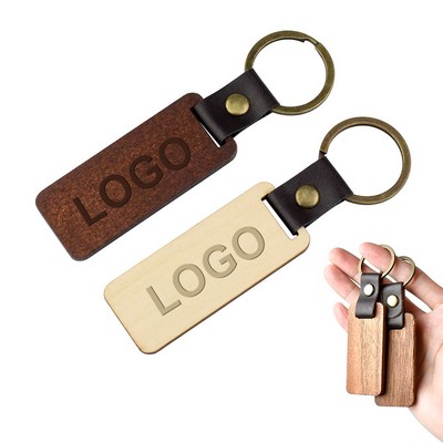 Engravable Natural Wooden Keychain W/ Pu Leather Strap