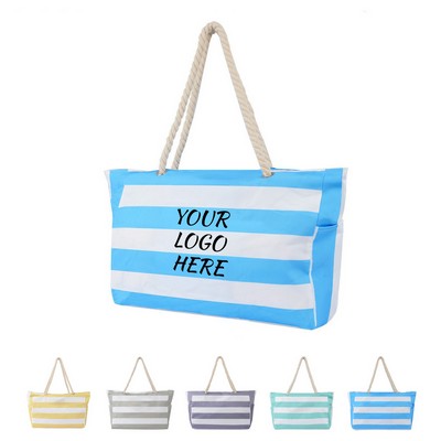 Large Beach Tote Bag – Custom Logo Striped Zipper Shoulder Bag