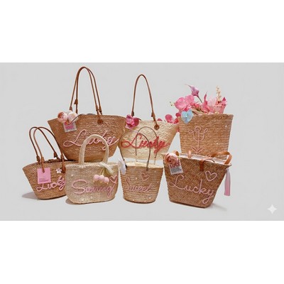 Handcrafted Floral Straw Handbag with Orchid & Rose Accents Romantic Woven Rattan Vacation Tote