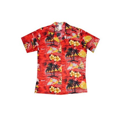Ladies Red Hawaiian Cotton Poplin Shirt w/Button Front & Short Sleeves