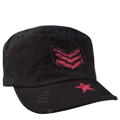 Women's Vintage Black Adjustable Fatigue Cap w/ Pink Stripes & Star & Ribbon