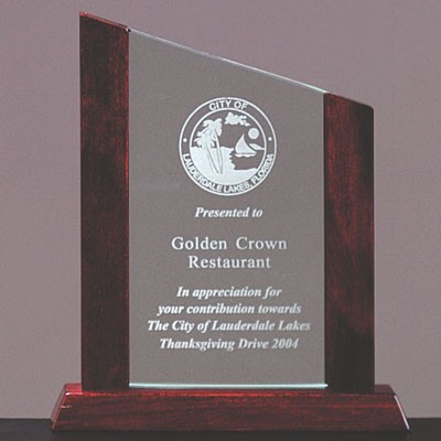 Pinnacle Jade Glass Award w/Piano Finish Wood Frame