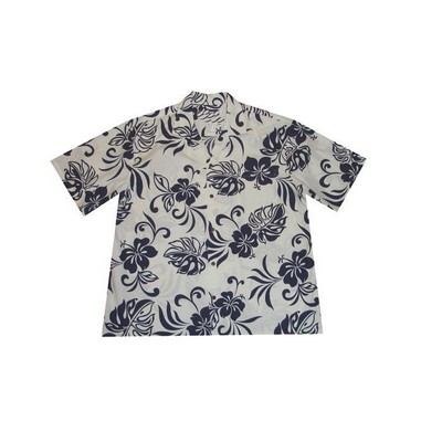 Navy Hawaiian Shirt (S - 3XL in-stock) - 100% Cotton Poplin Tropical Print w/ Coconut Buttons