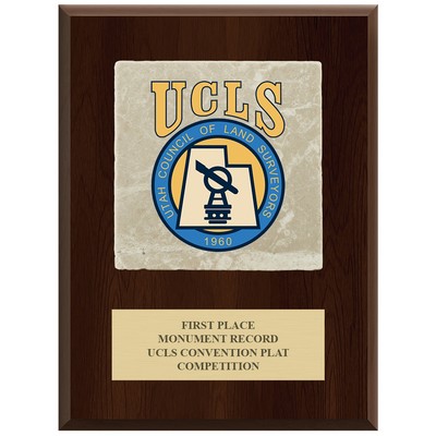 Cherry Finish Plaque w/Tumbled Stone Tile & Engraved Plate (9"x12")