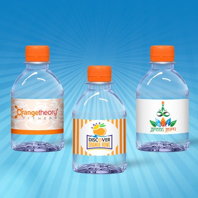 8 Oz. Custom Label Water w/Orange Flat Cap - Clear Bottle