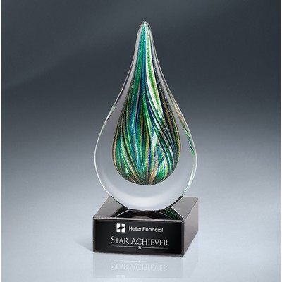 Green and Gold Art Glass Drop on Black Glass Base