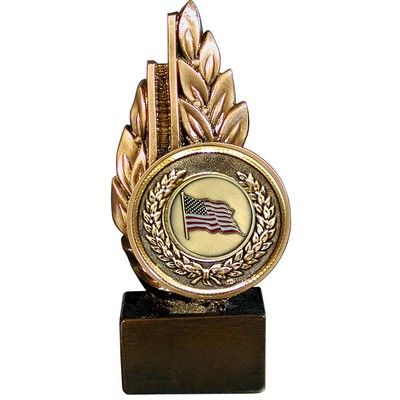 Stock Laurel 9" Trophy with 2" US Flag Coin and engraving plate