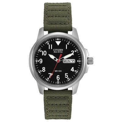 Citizen® Men's Eco-Drive Military Watch W/ Black Dial & Buckle Clasp Green Strap