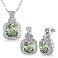 Jilco Inc. 0.13 TWT Cushion Cut Green Amethyst Earring & Necklace Set