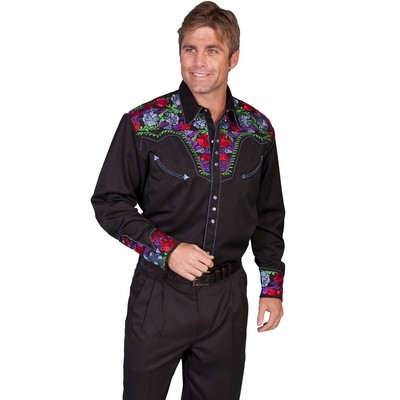 Men's Shirt w/Colorful Floral Tooled Embroidery