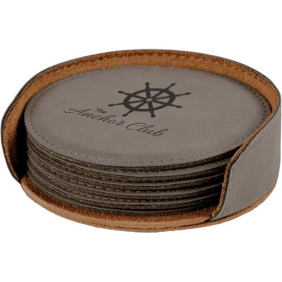 Round Coaster Set with 6 pcs, Gray Faux Leather,Engraved, 4" Dia