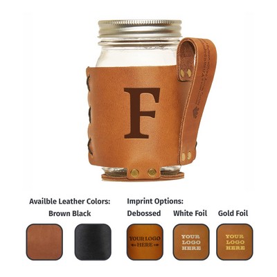 Full-Grain Leather Regular Mouth Mason Jar Holder w/Handle & Jar Box Set