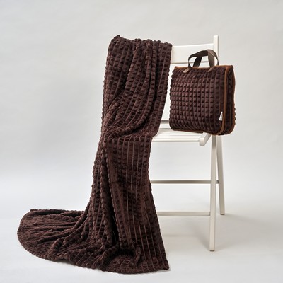 4-in-1 TRAVEL COZY BLANKET-PILLOW-BAG Luxury Premium Plaid Embossed Plush Velour BROWN Alesia C.
