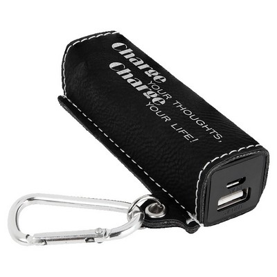Black/Silver Leatherette 2200 mAh Power Bank with USB Cord