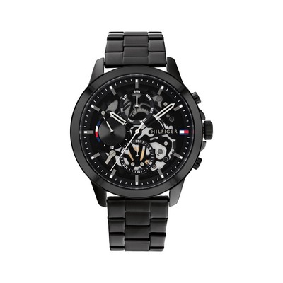 Tommy Hilfiger Gent's Black Steel Watch w/Black Skeleton Dial