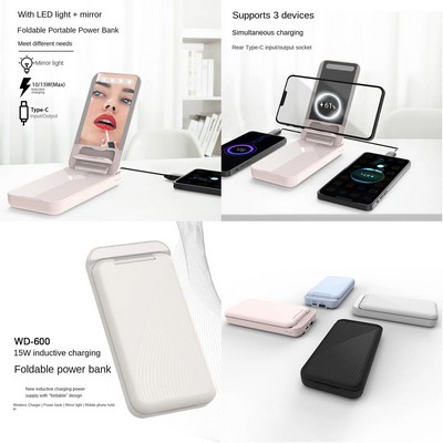 Foldable Wireless Charging 10000 mAh Power Bank With Mirror