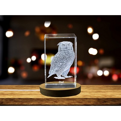 Wise Owl Crystal Trophy Award - Exquisite Engraved Nocturnal Raptors in 3D Detail