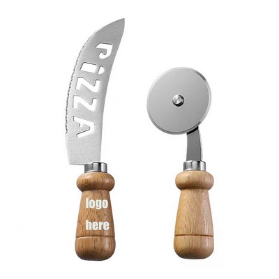Stainless Steel Pizza Cutter Wheel Set w/ Wooden Handle